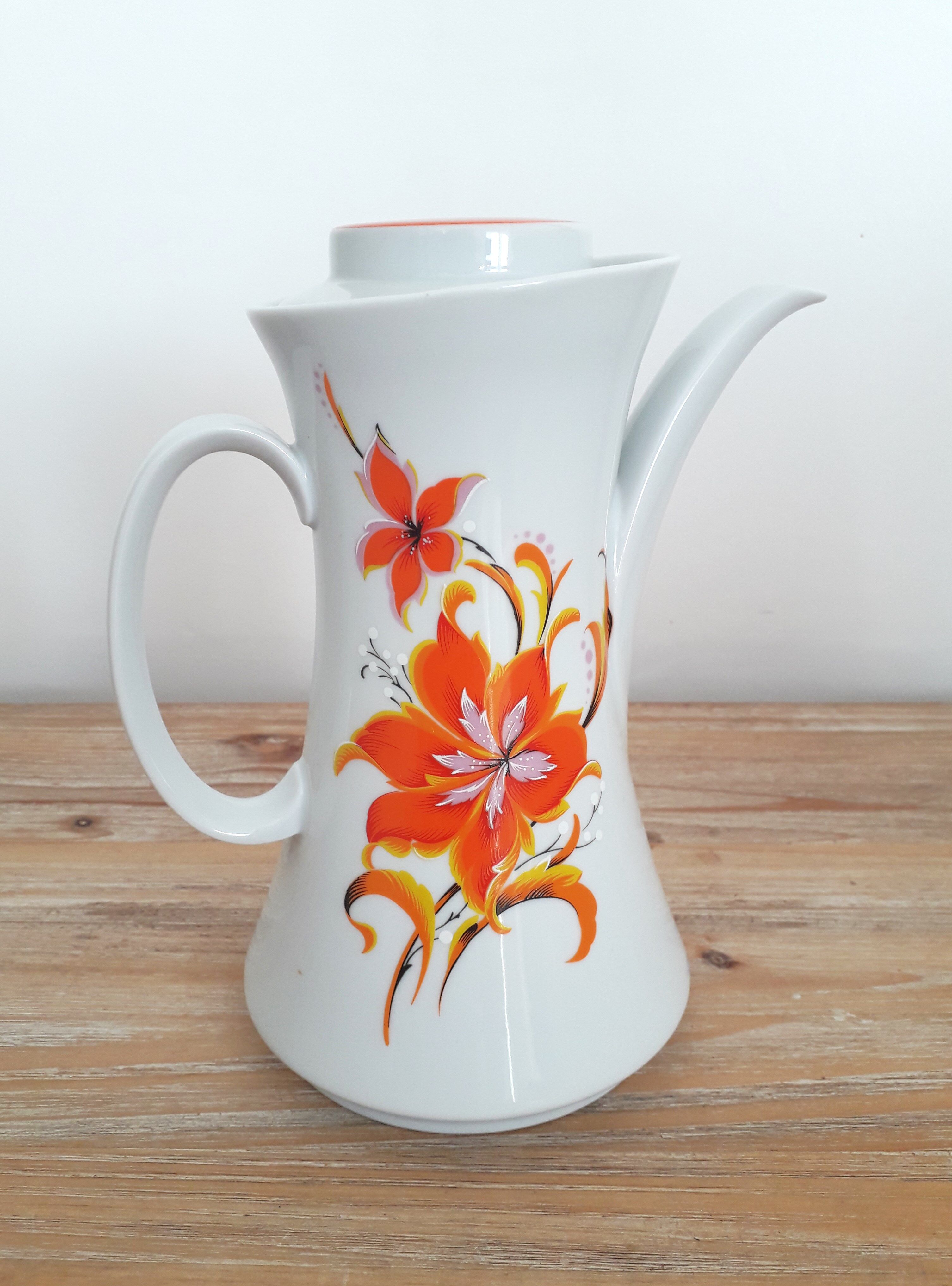 Vintage teapot / coffee maker - Bavarian porcelain - Orange flower décor - 1970