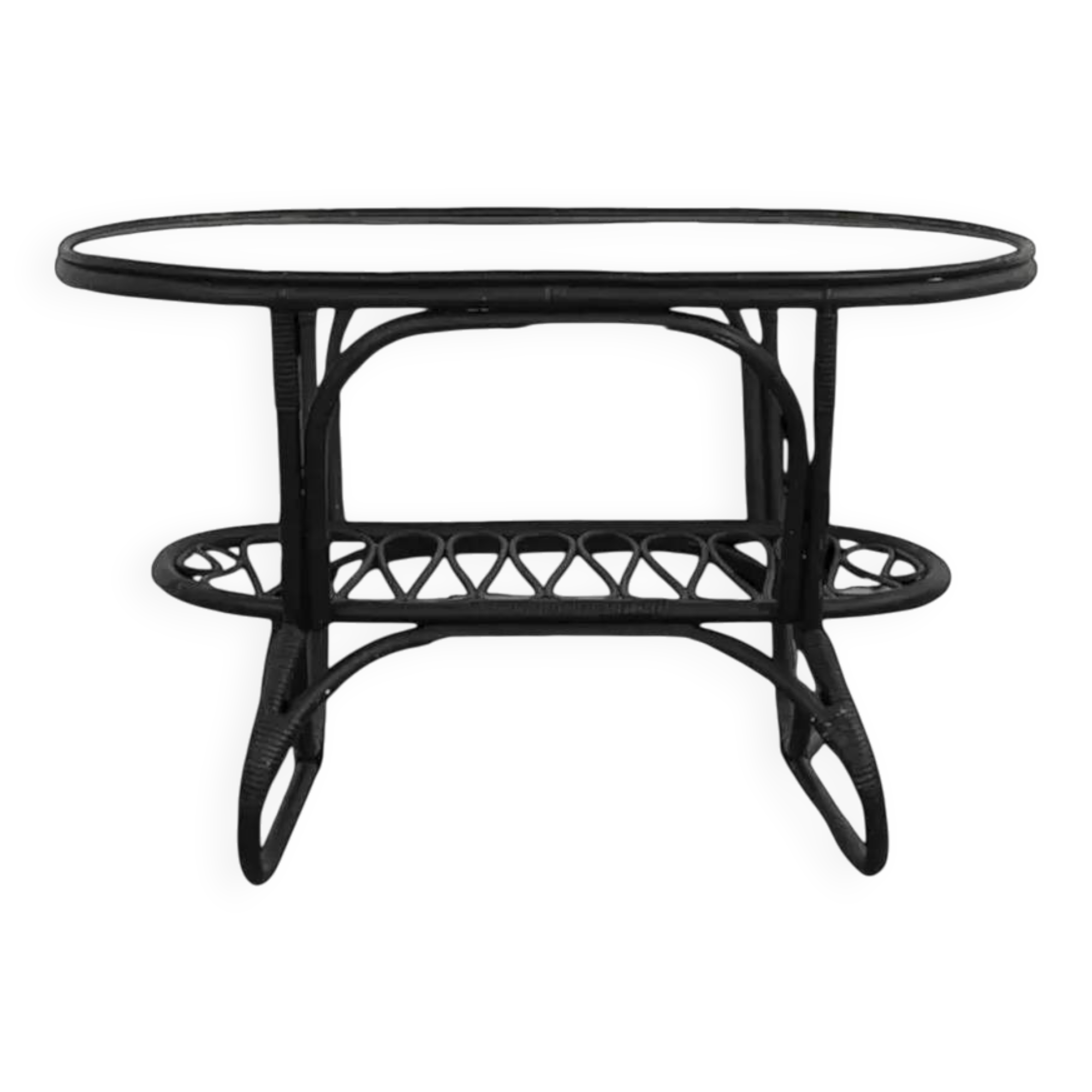 Black rattan and glass coffee table