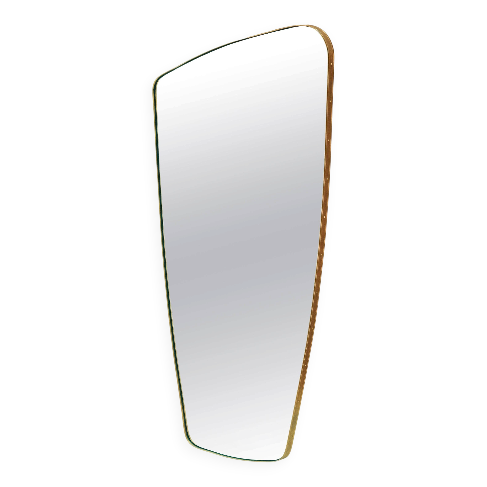 Mid-Century Irregular Shape Mirror with Hammered Brass Frame