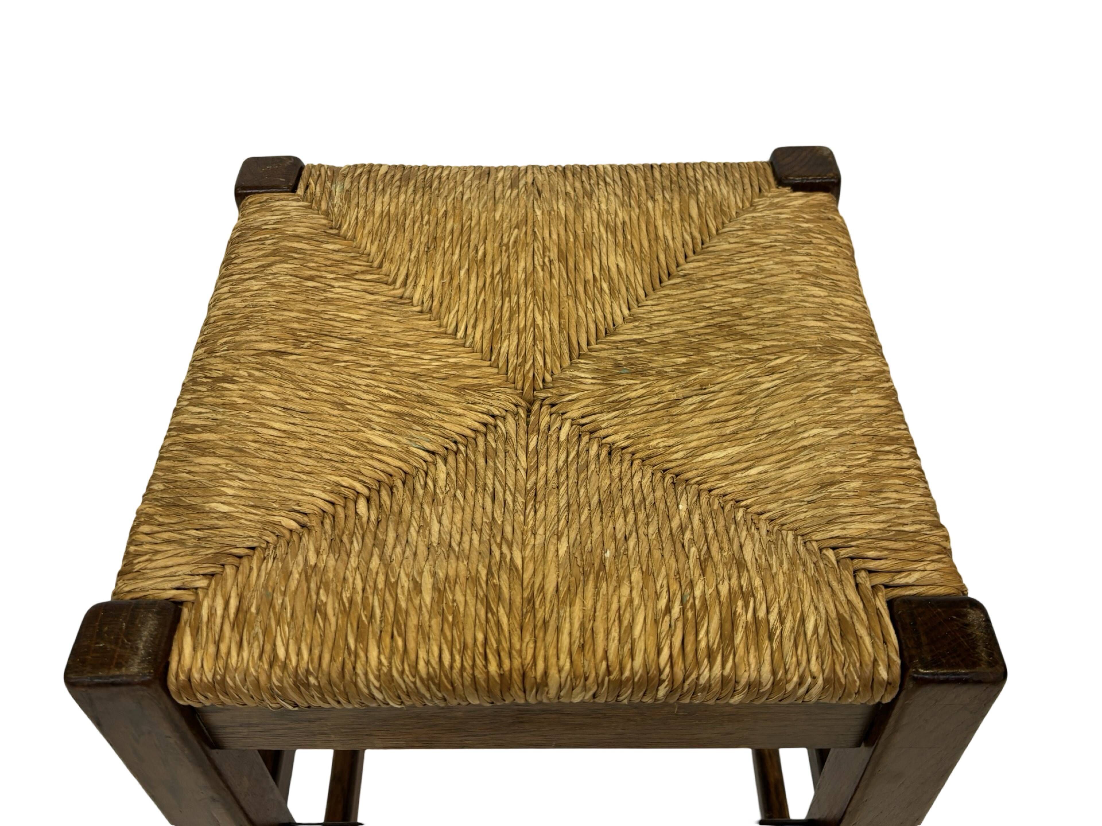 Vintage wooden stool straw seat 60s minimalist design