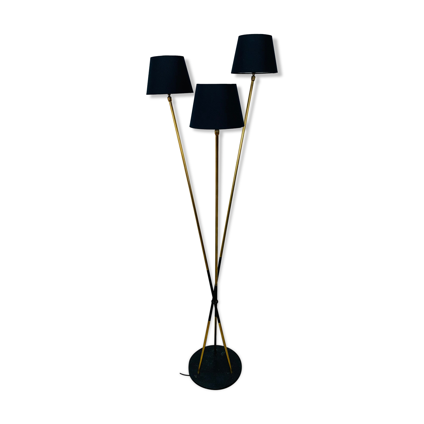 Floor lamp 3 arms 50 years brass and black lacquer for house Arlus