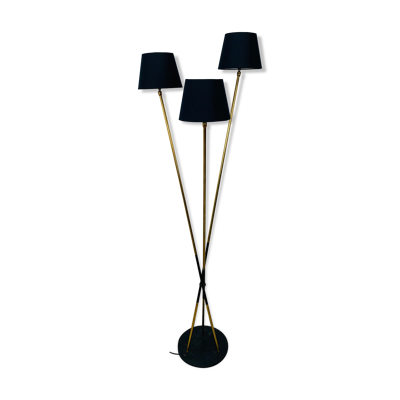Lampadaire 3 bras années 50 laiton et laque noire pour maison Arlus