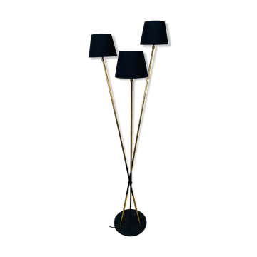 Lampadaire 3 bras années 50 laiton et laque noire pour maison Arlus