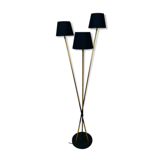 Floor lamp 3 arms 50 years brass and black lacquer for house Arlus