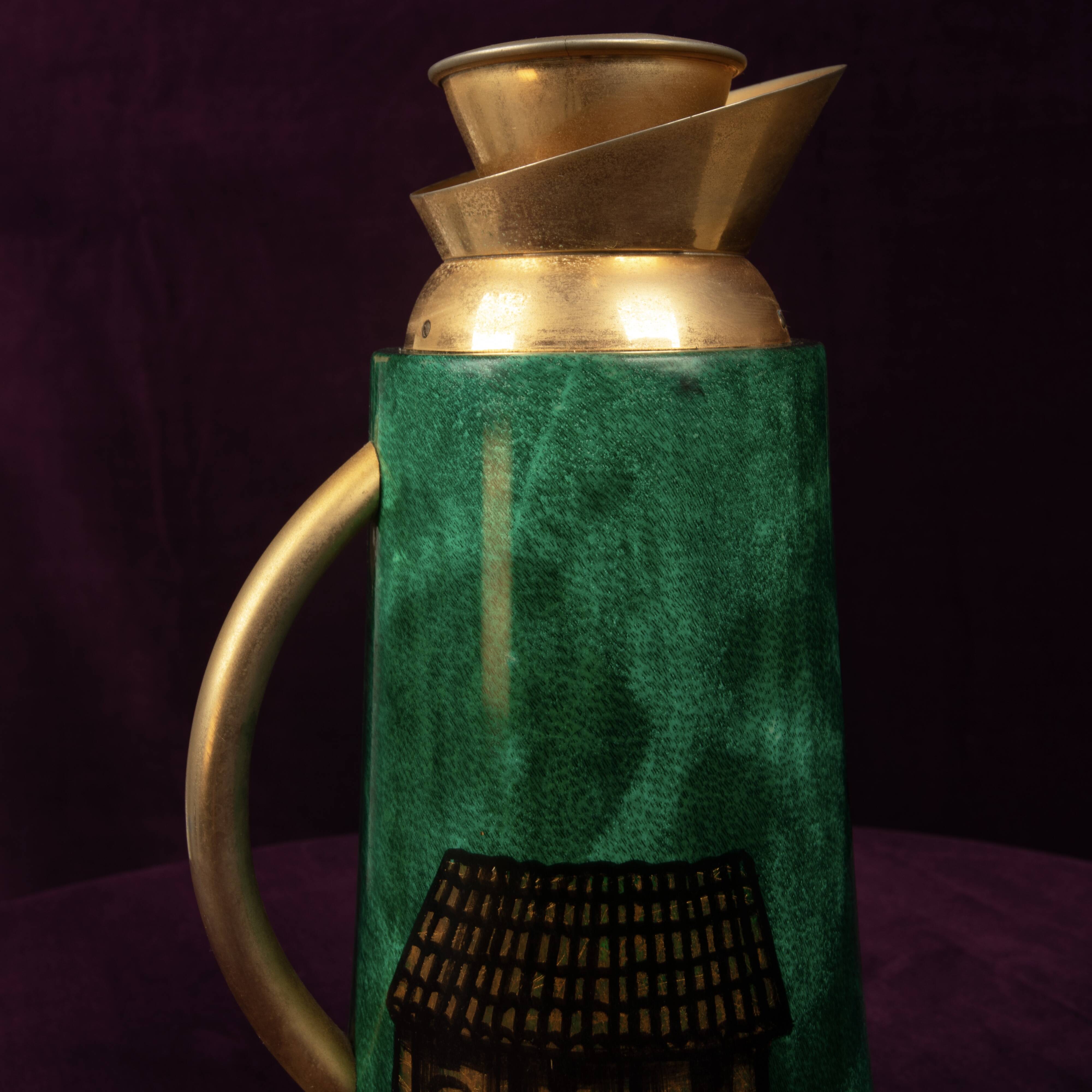 Aldo Tura Mod. 968D Hand-Decorated Green Goatskin Parchment Thermos Italy 1960
