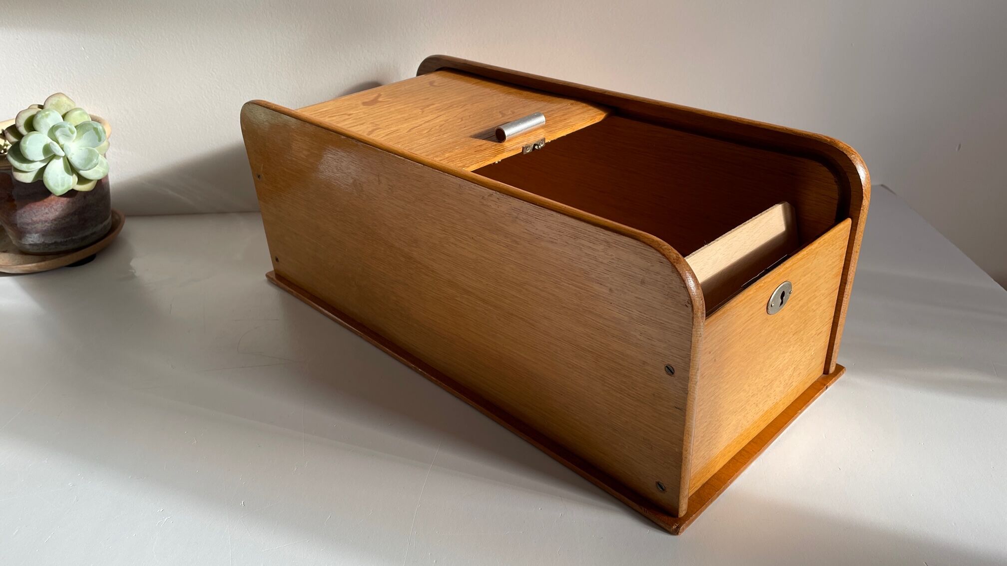 Wooden box with curtain vintage storage