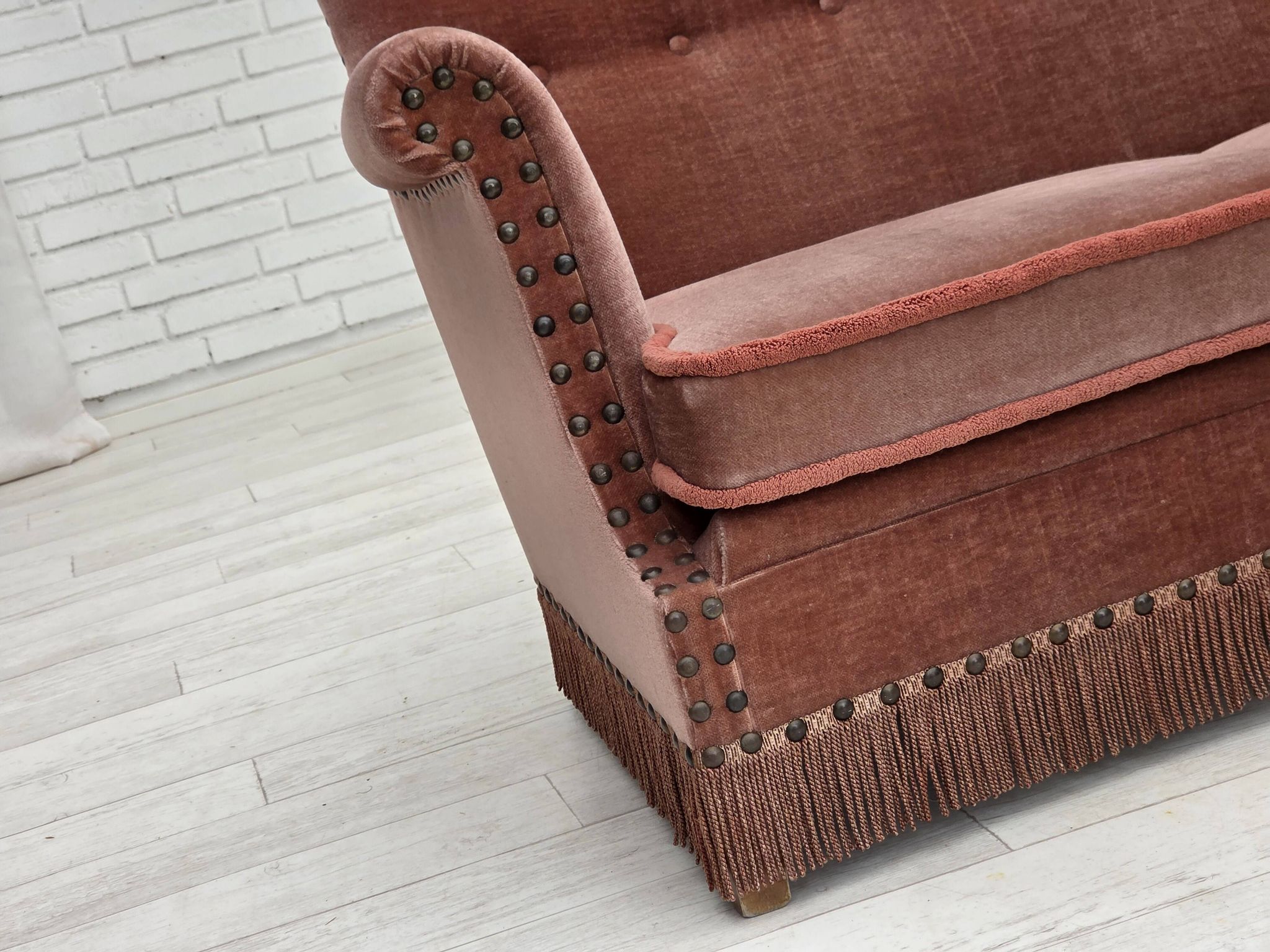 1970s, Danish 2-seater sofa, salmon pink furniture velour, beech wood.