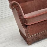 1970s, Danish 2-seater sofa, salmon pink furniture velour, beech wood.