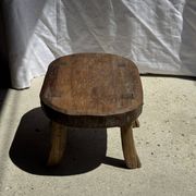 Small stool, oval solid teak accent stool with a two-tone seat.