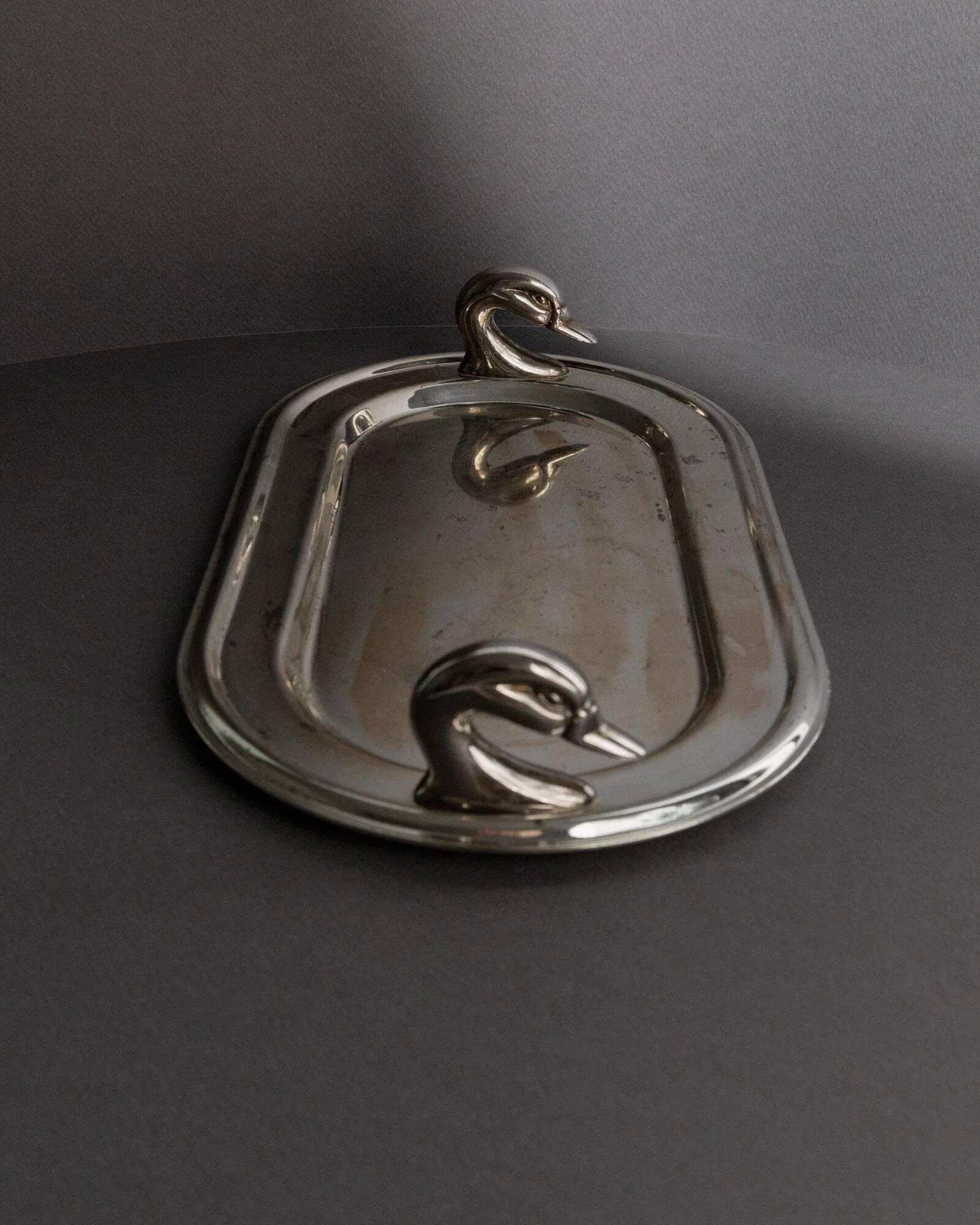 1960s vintage silver-plated oval tray with swan head handles.