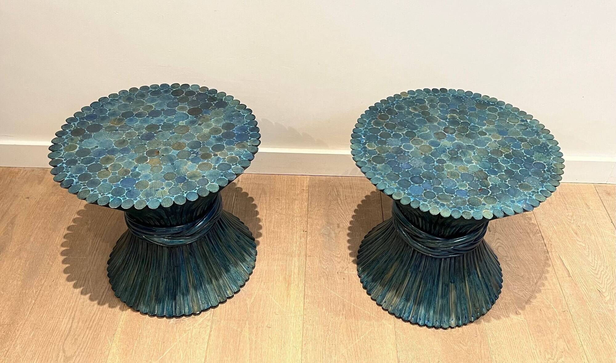 Pair of Bamboo Side Tables in the Shape of a Wheat Sheaf. Turquoise Lacquered.