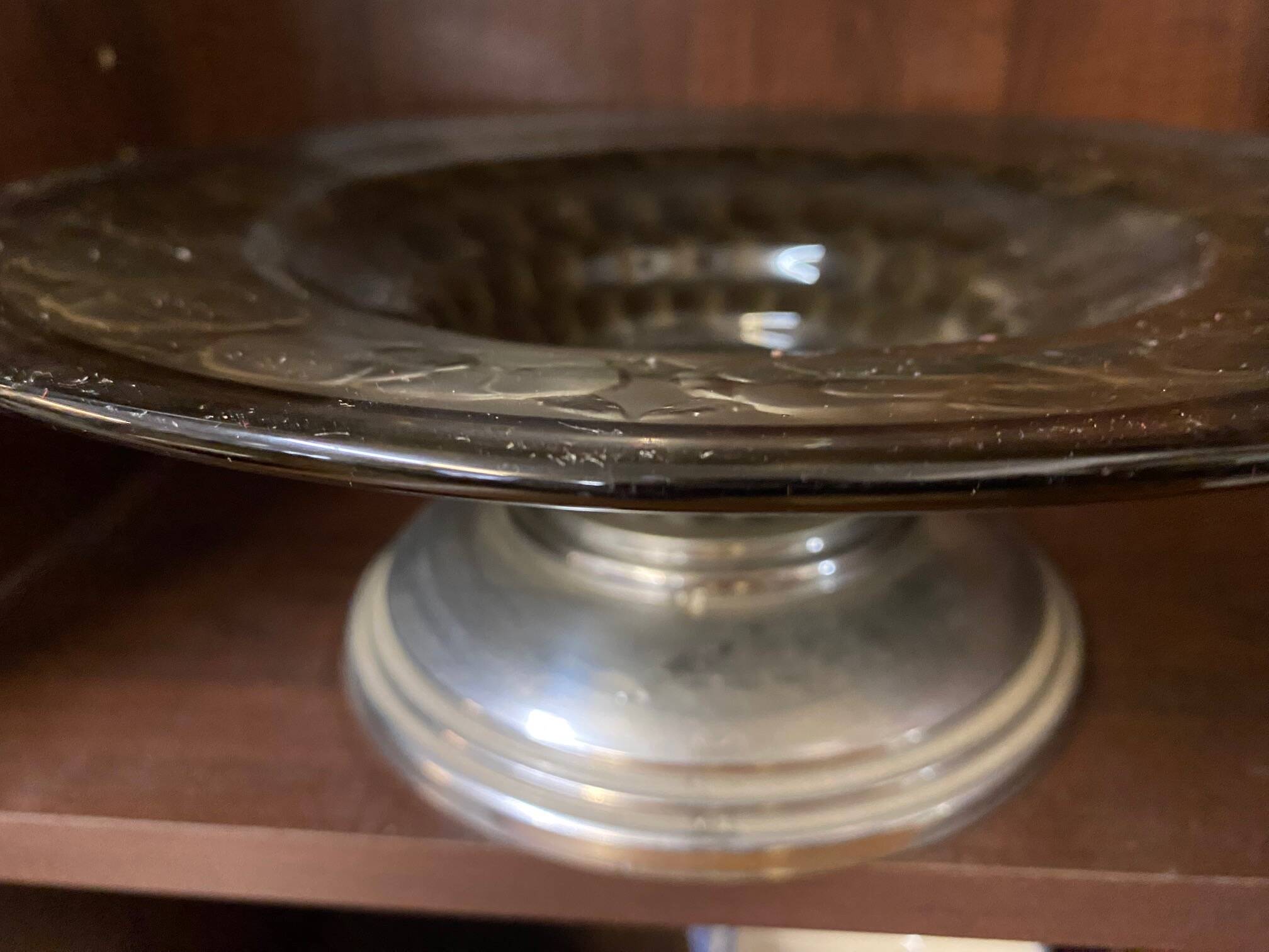 ART DECO FRUIT BOWL SMOKED GLASS PETUNIAS DECOR CHROME FOOT ROUND SHAPE