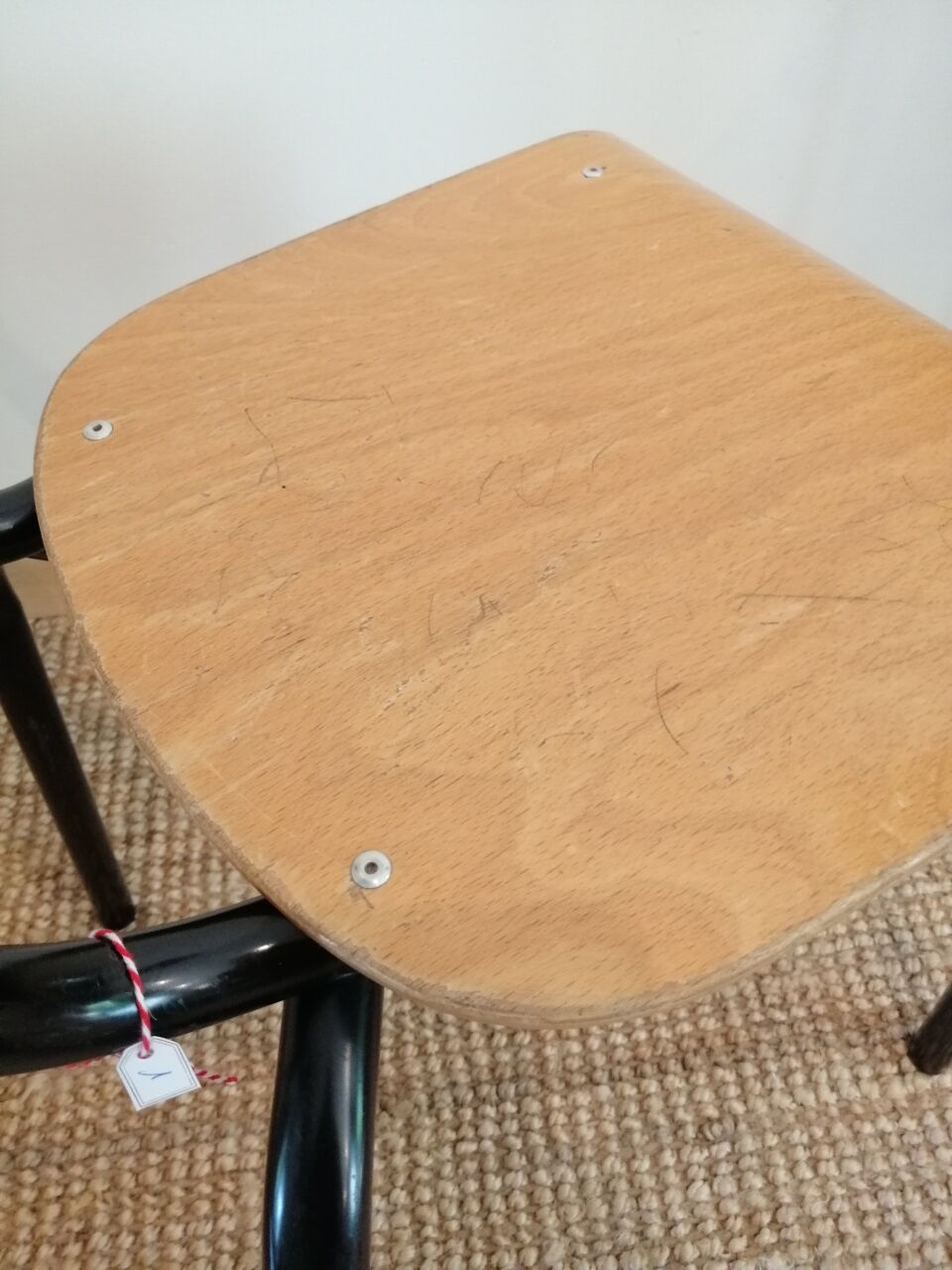 Series of 4 wooden and metal school chairs