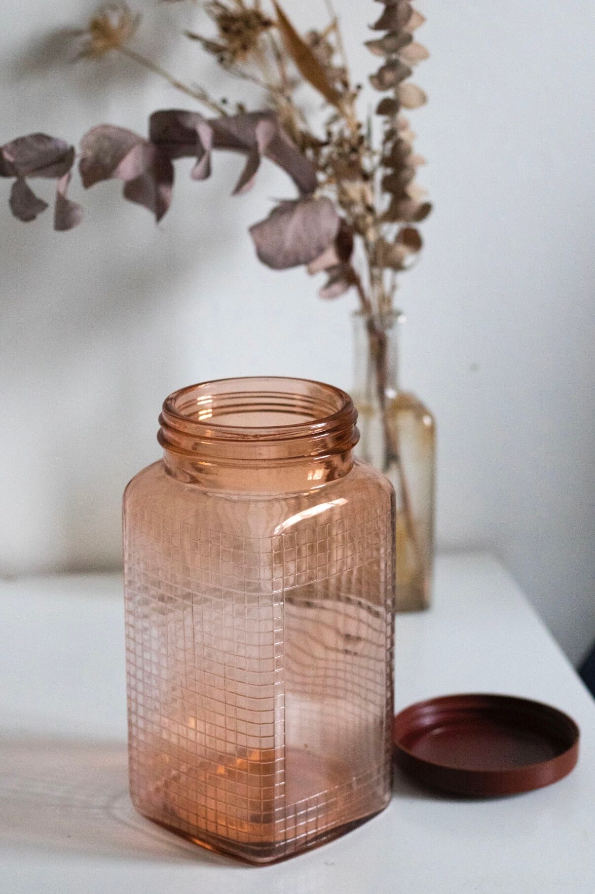 Vintage pink glass grocery jar