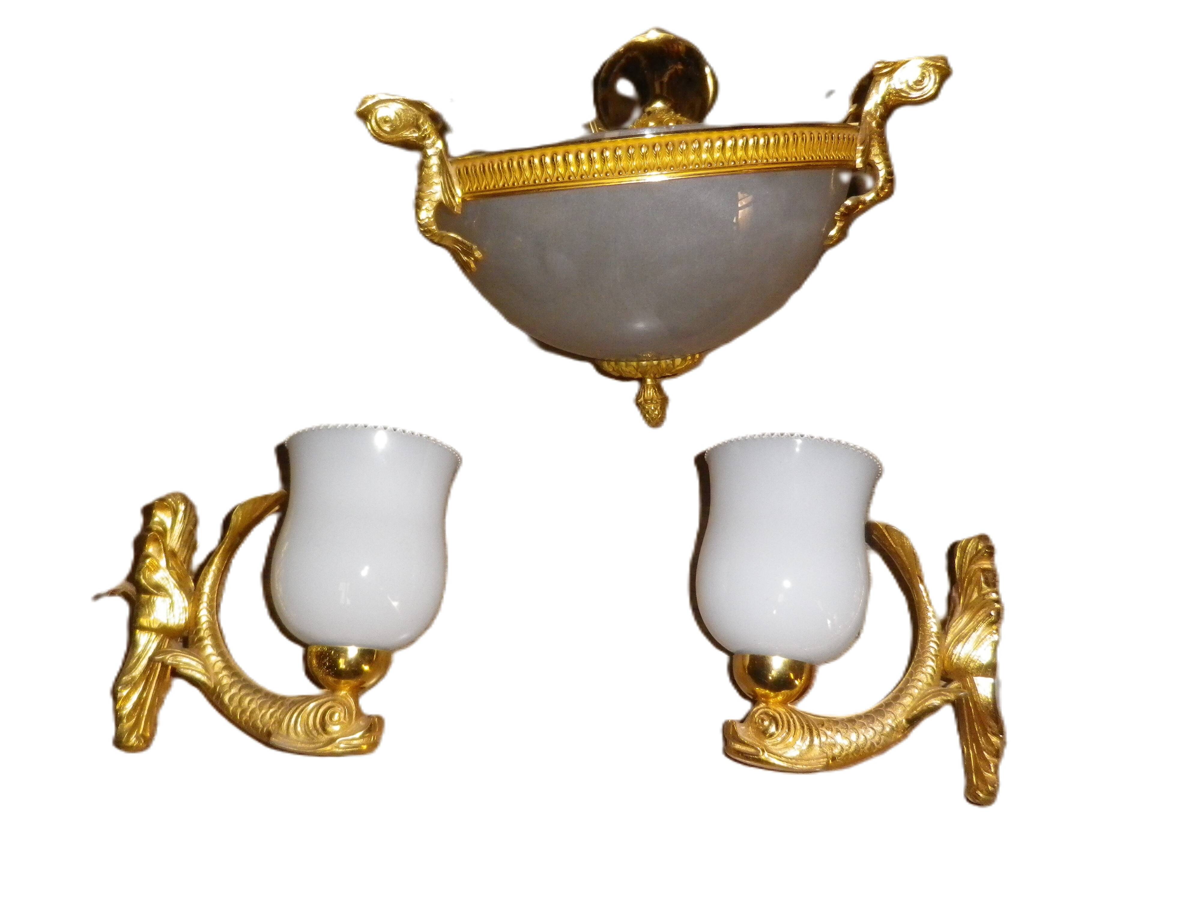 chandelier and its golden bronze brass wall lights