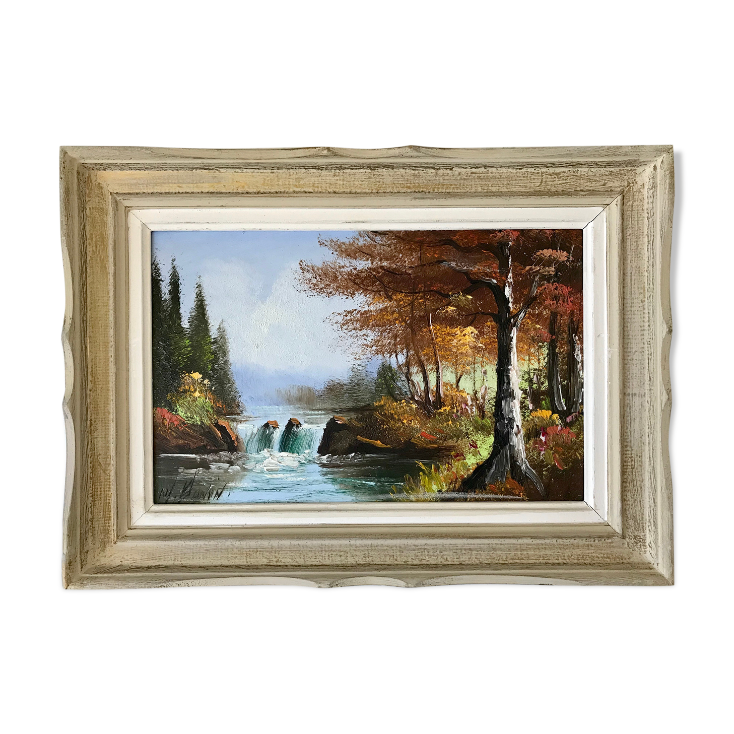 Old landscape vintage river painting signed