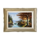 Tableau ancien paysage rivière vintage signé