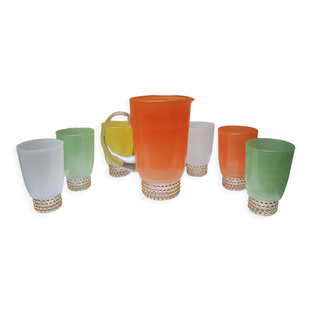 Service à Orangeade / Limonade Vintage - Pichet 1L + 4 Verres 20cl - Verre Orange