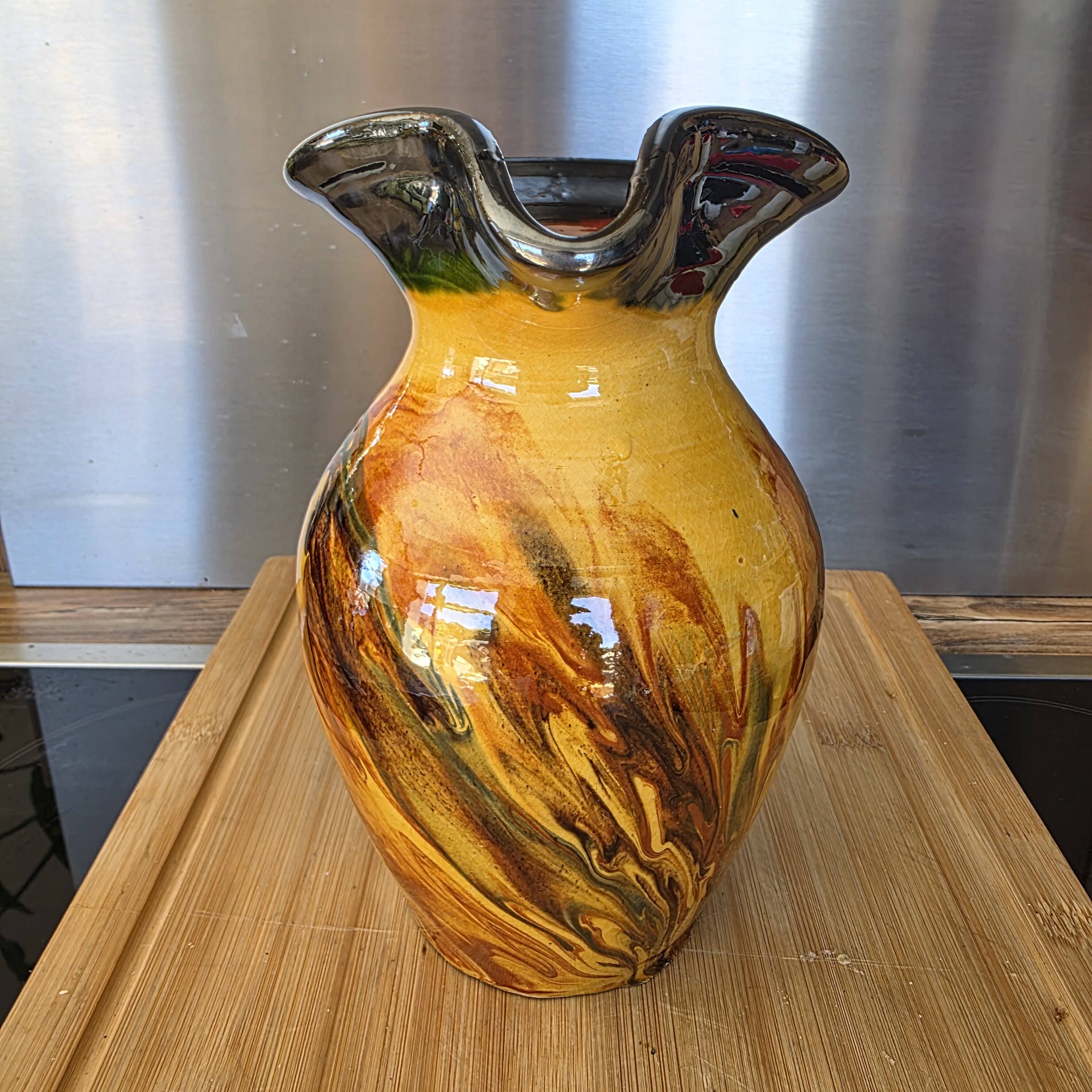 Large speckled vintage pitcher 21cm mixed clay enamelled in the Vallauris style