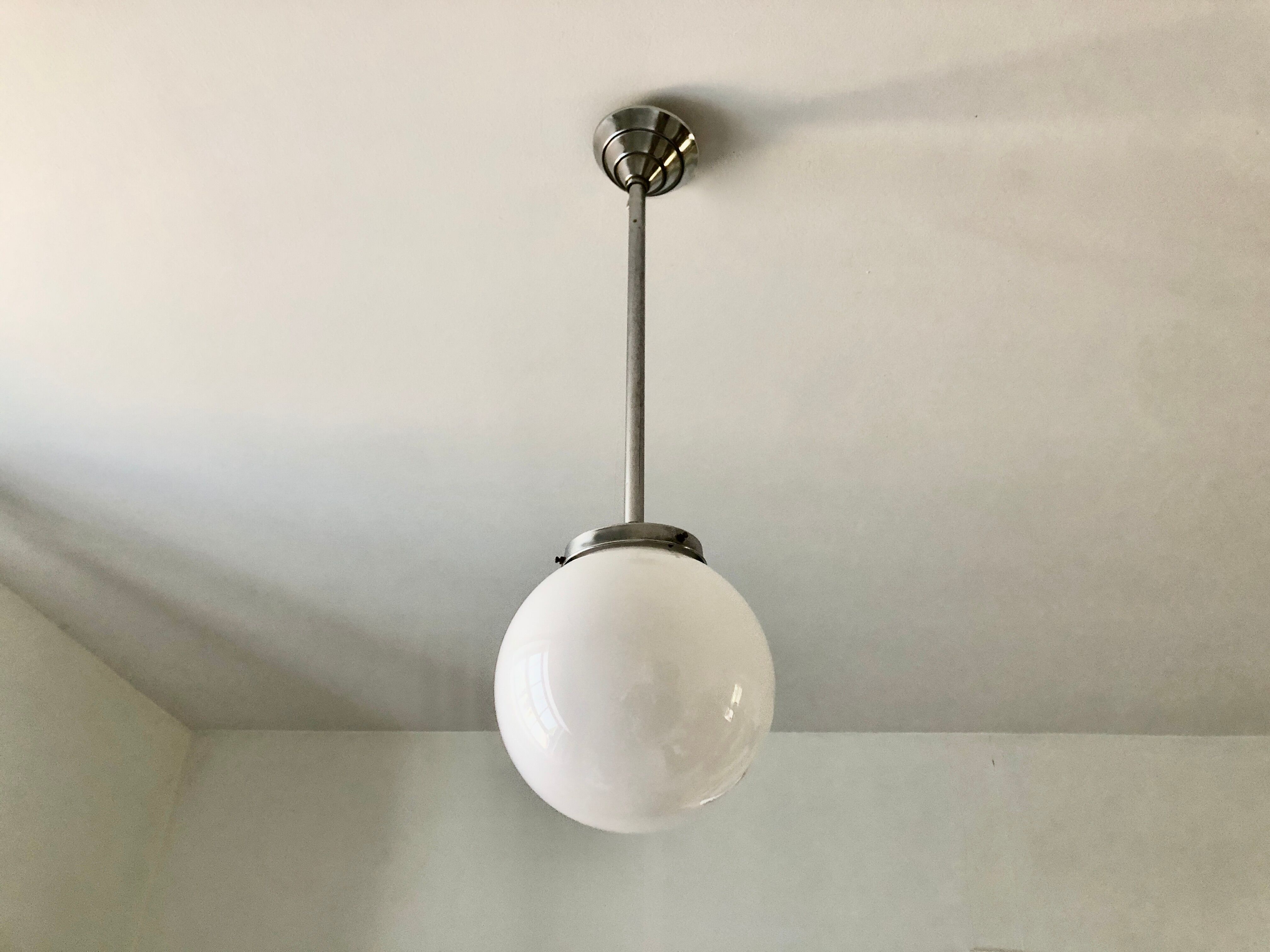 Minimalist chrome and opaline pendant lamp 1950