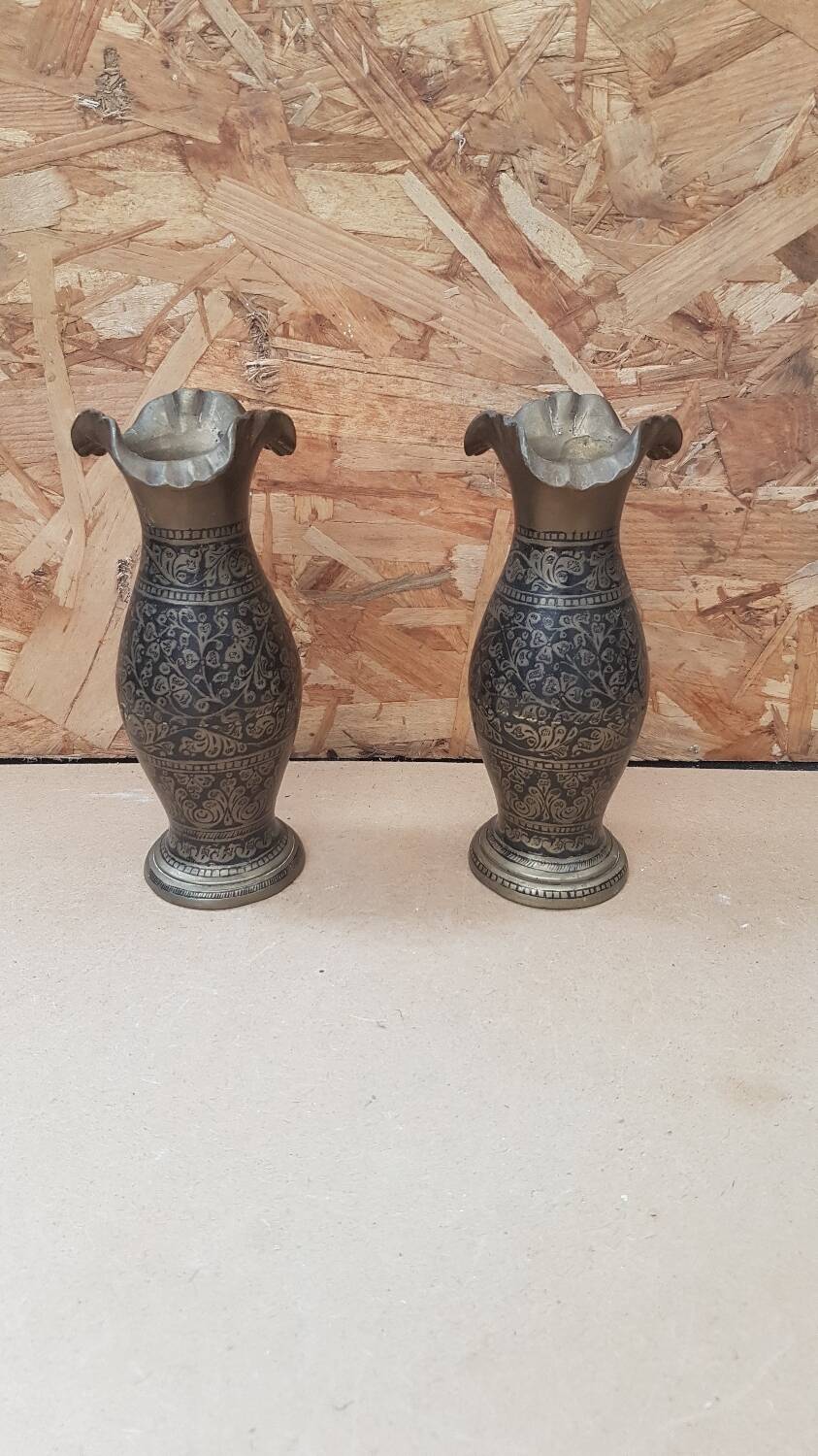 Pair of vintage painted black decor brass vase
