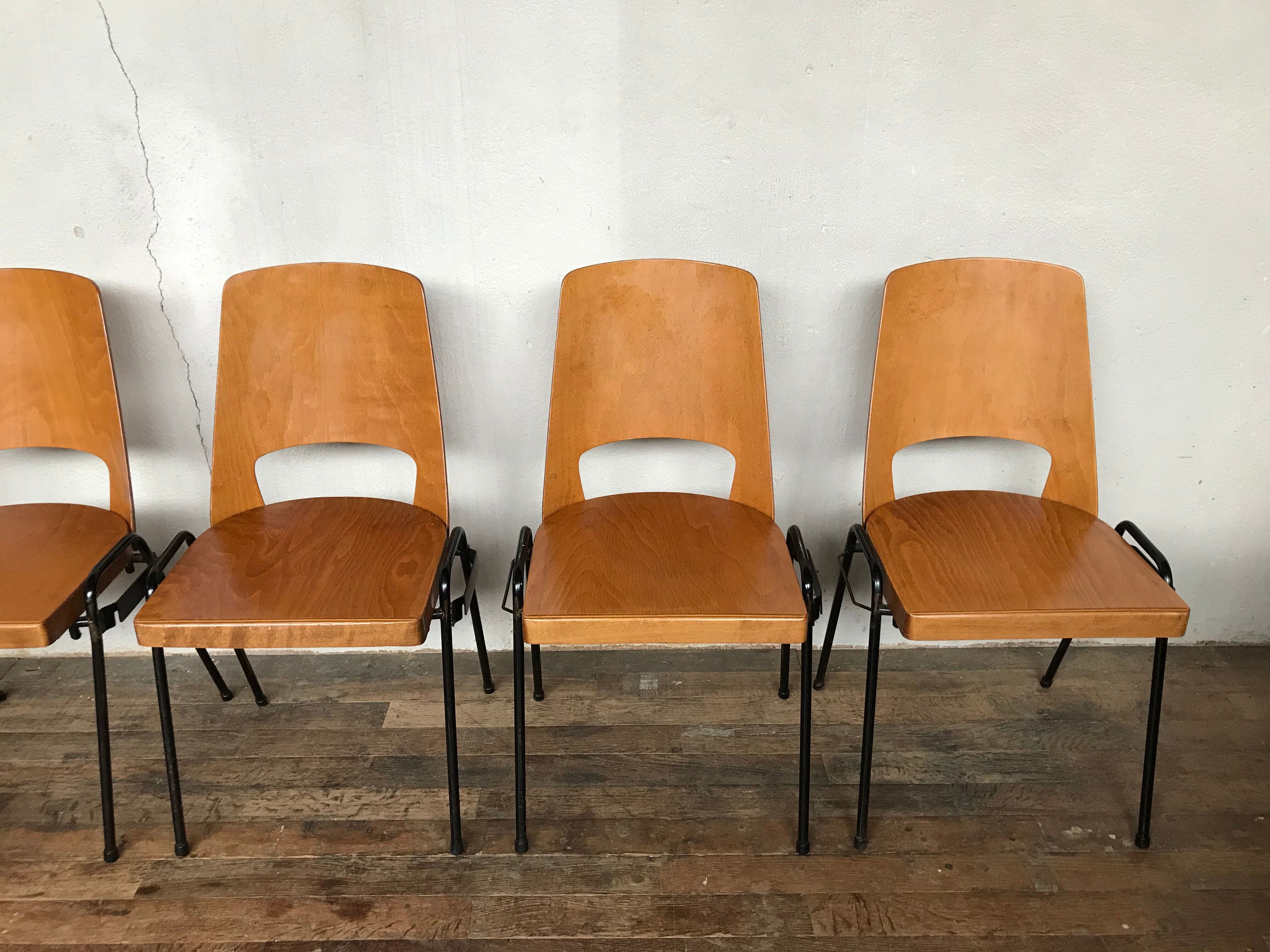 Series of 6 vintage chairs Baumann in beech design year 1950 1960