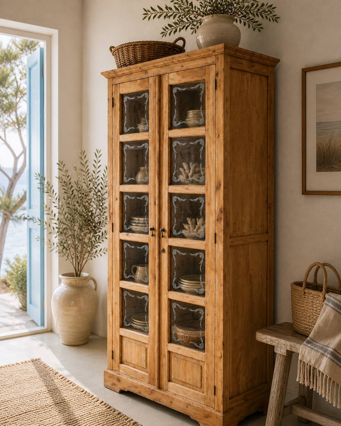 Parisian wardrobe in raw wood with engraved glass from 1920.