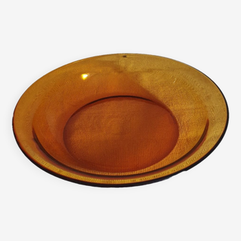 Large duralex hollow round dish in amber smoked glass made in France vintage 70's