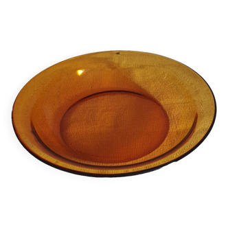 Large duralex hollow round dish in amber smoked glass made in France vintage 70's