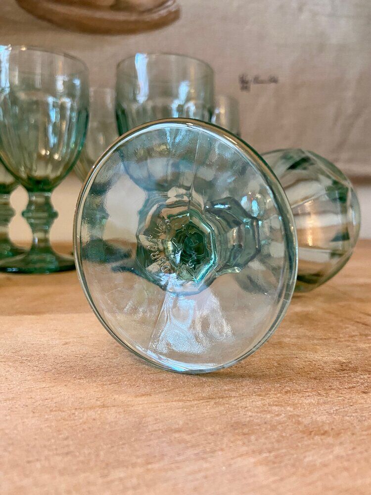 9 green molded glass glasses