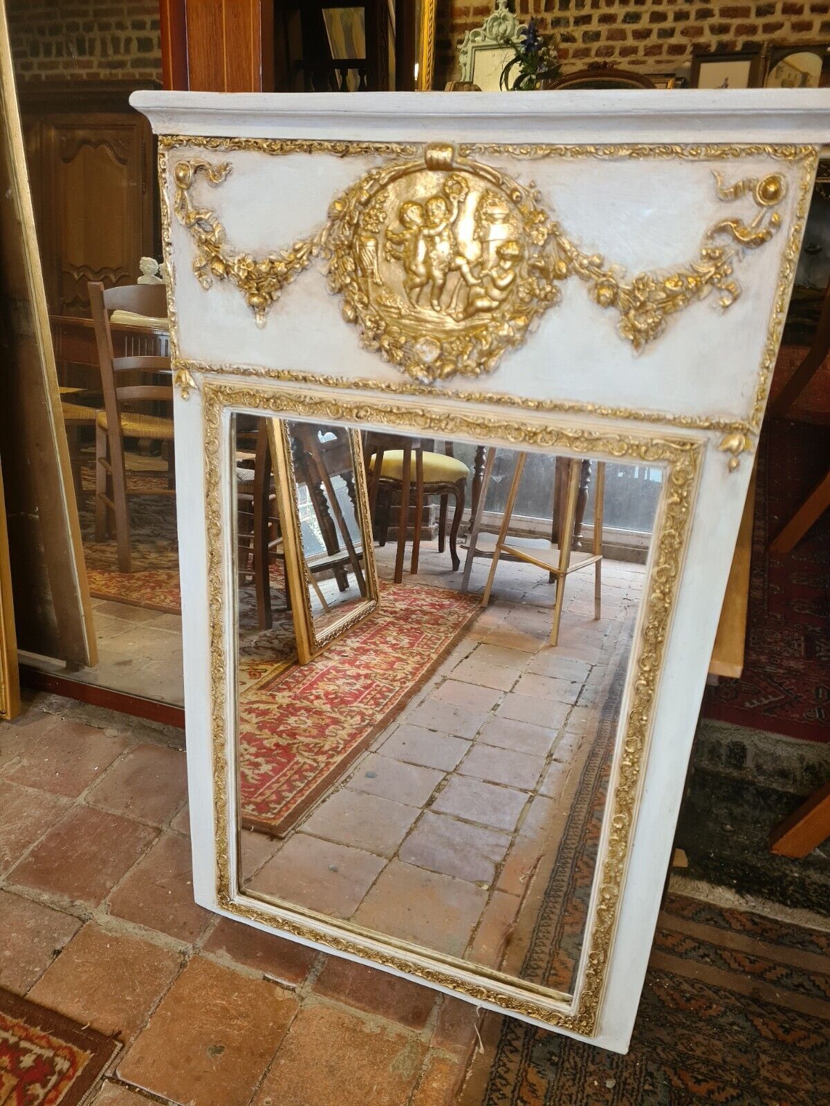 Patinated trumeau mirror beige and gold