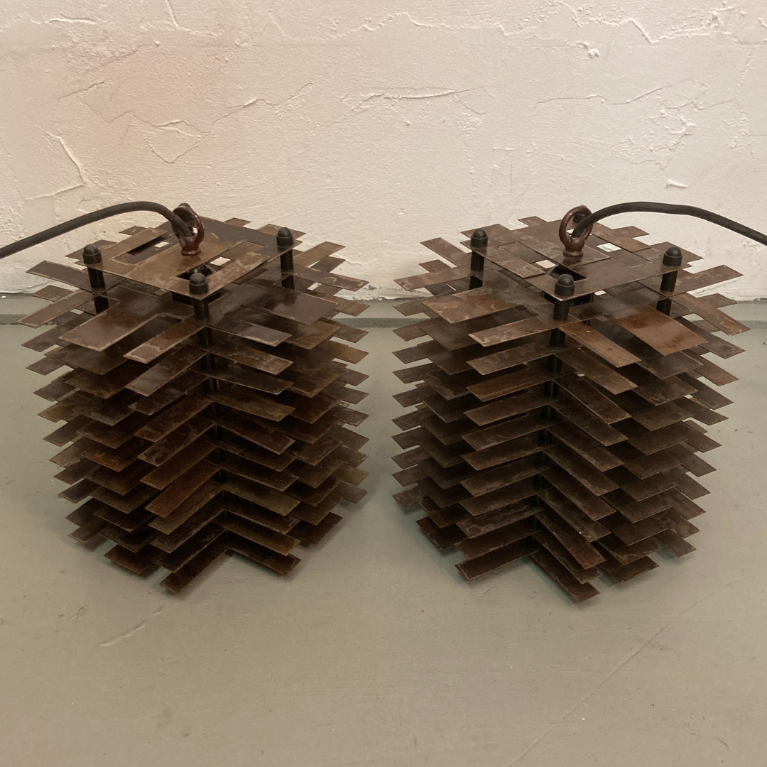 Pair modernist brutalist copper metal architectural hanging lamps, France