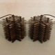 Pair modernist brutalist copper metal architectural hanging lamps, France
