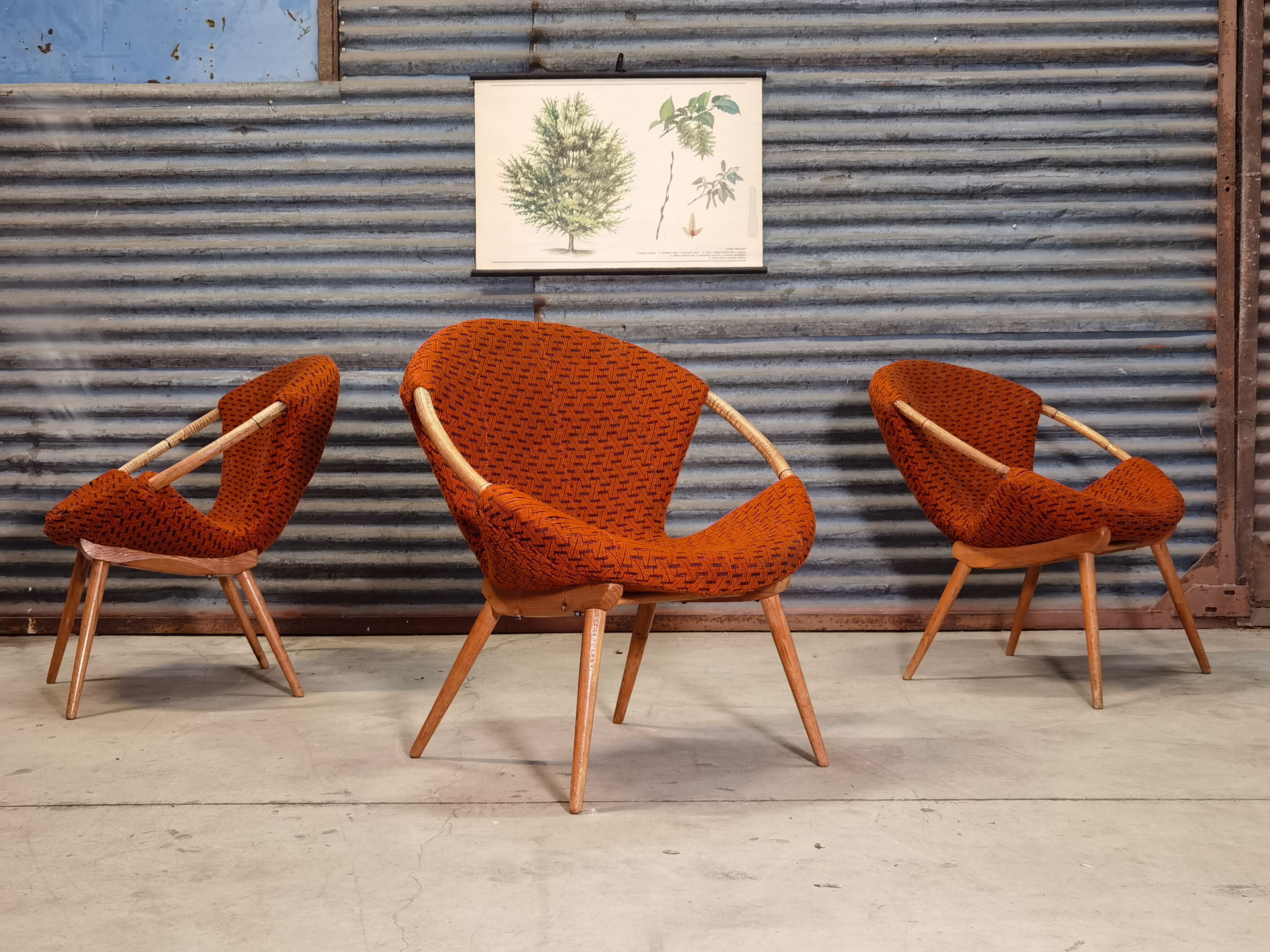 Czechoslovak shell armchair rattan wood fabric