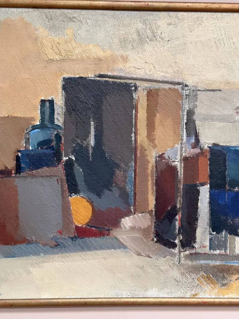 Large original Swedish oil on canvas - 'Blue Bottle and Books' by Gustav Adolf Johansson - 1962 - vintage and framed