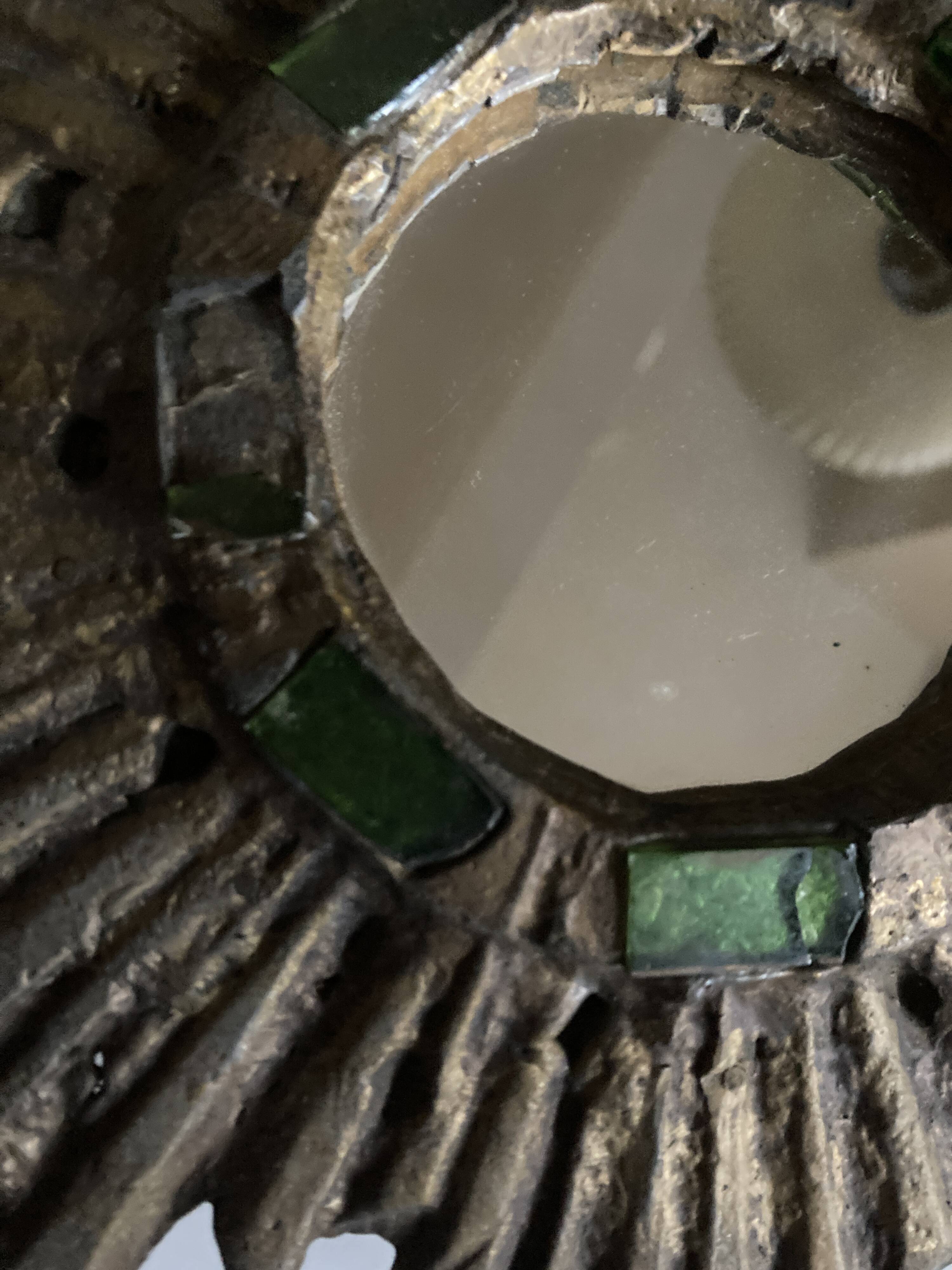 Sun mirror by Irena Jaworska in gilded lead and green glass 1960