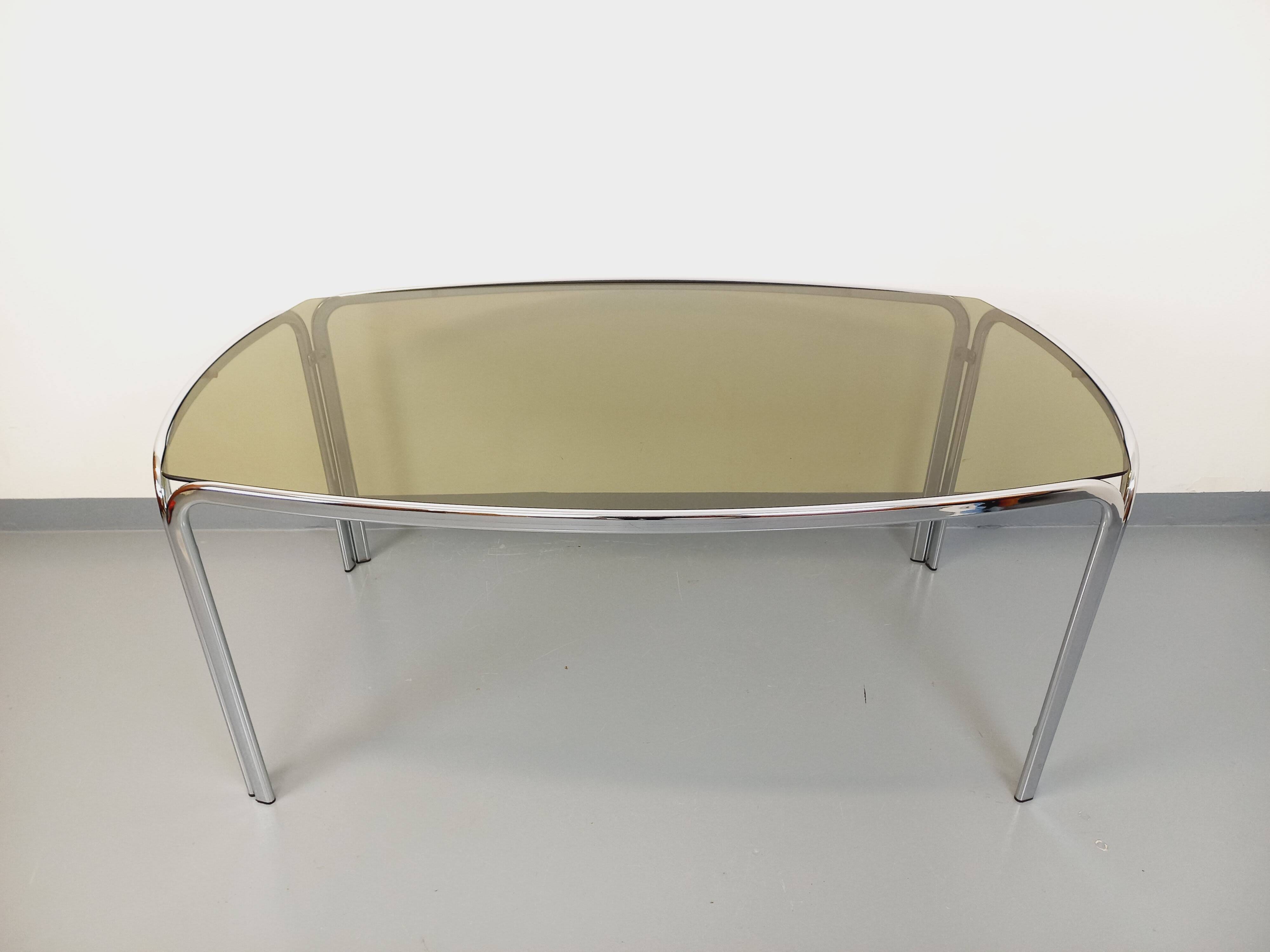 Vintage curved rectangular dining table in smoked glass and chrome metal