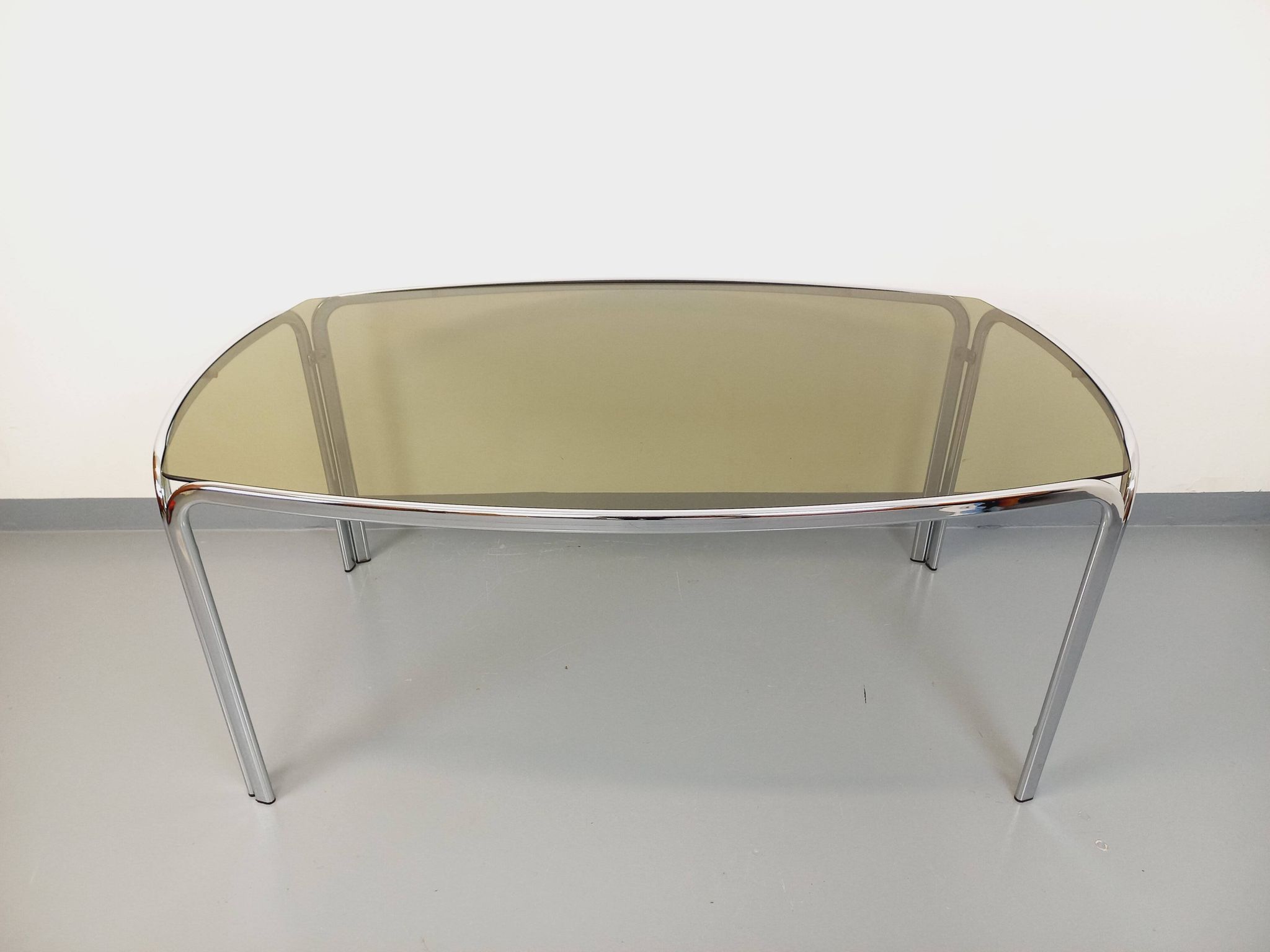 Vintage curved rectangular dining table in smoked glass and chrome metal