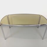 Vintage curved rectangular dining table in smoked glass and chrome metal