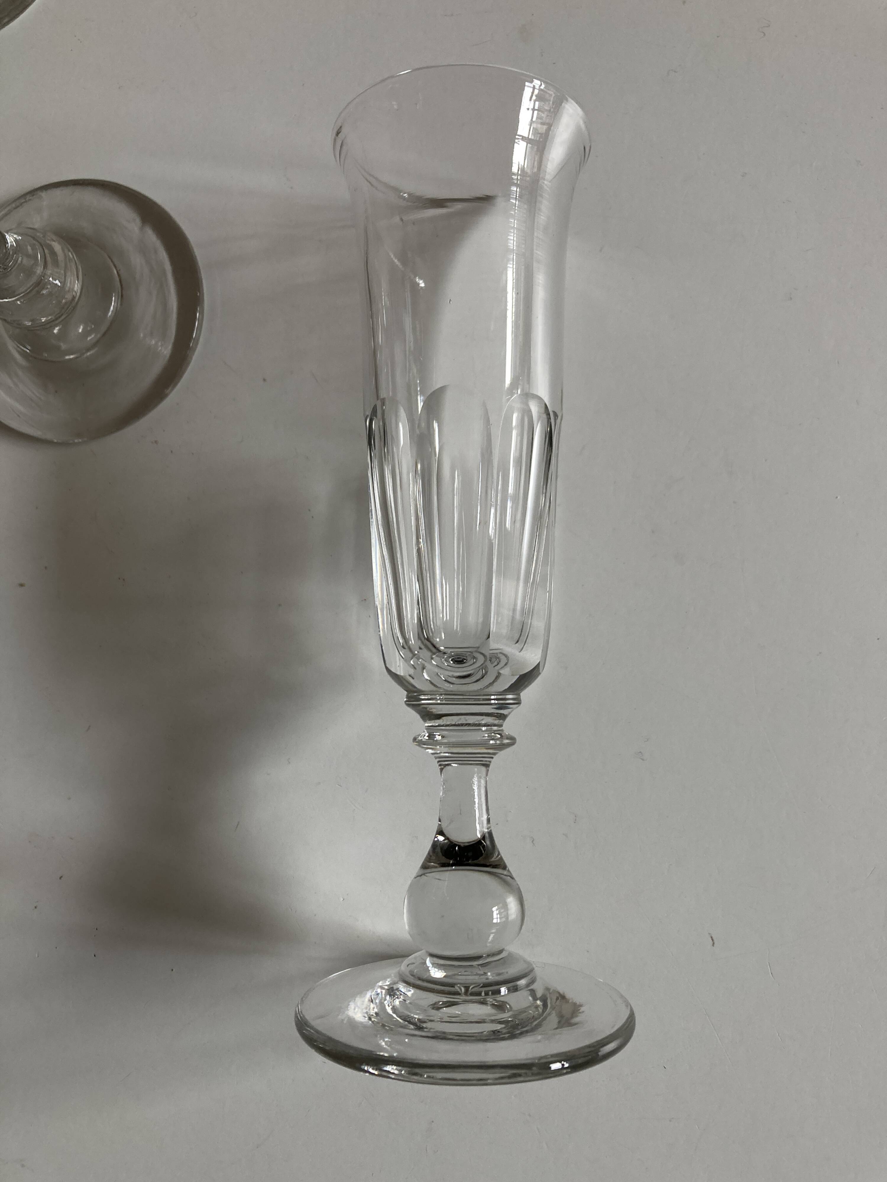 Set of 9 Louis Philippe tulip champagne flutes with flat sides mid 19th