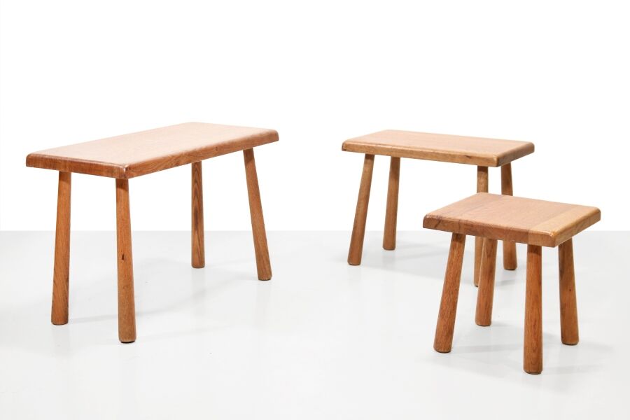 Set of 3 brutalist nesting tables in solid oak