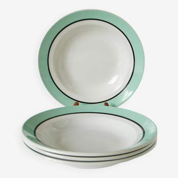 Lot de 4 assiettes creuses Badonviller liseré menthe et noir, 1960