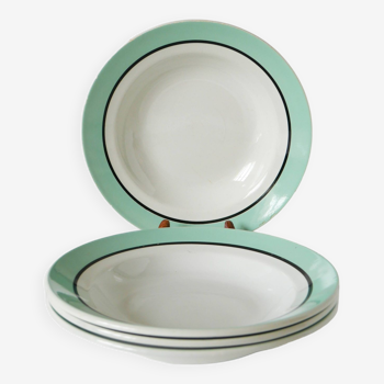 Set of 4 Badonviller soup plates with mint and black edging, 1960