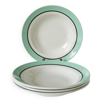 Set of 4 Badonviller soup plates with mint and black edging, 1960