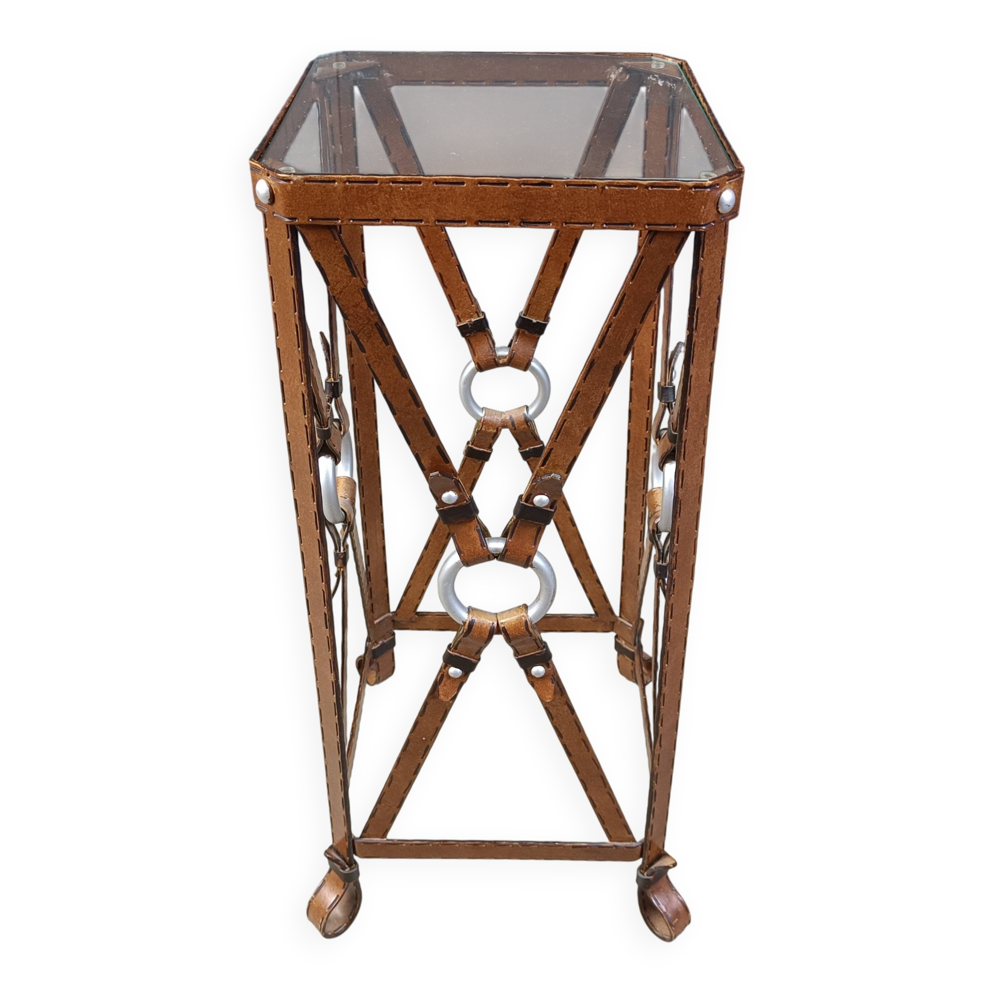 Iron Faux Leather Side Table in the style of Jacques Adnet