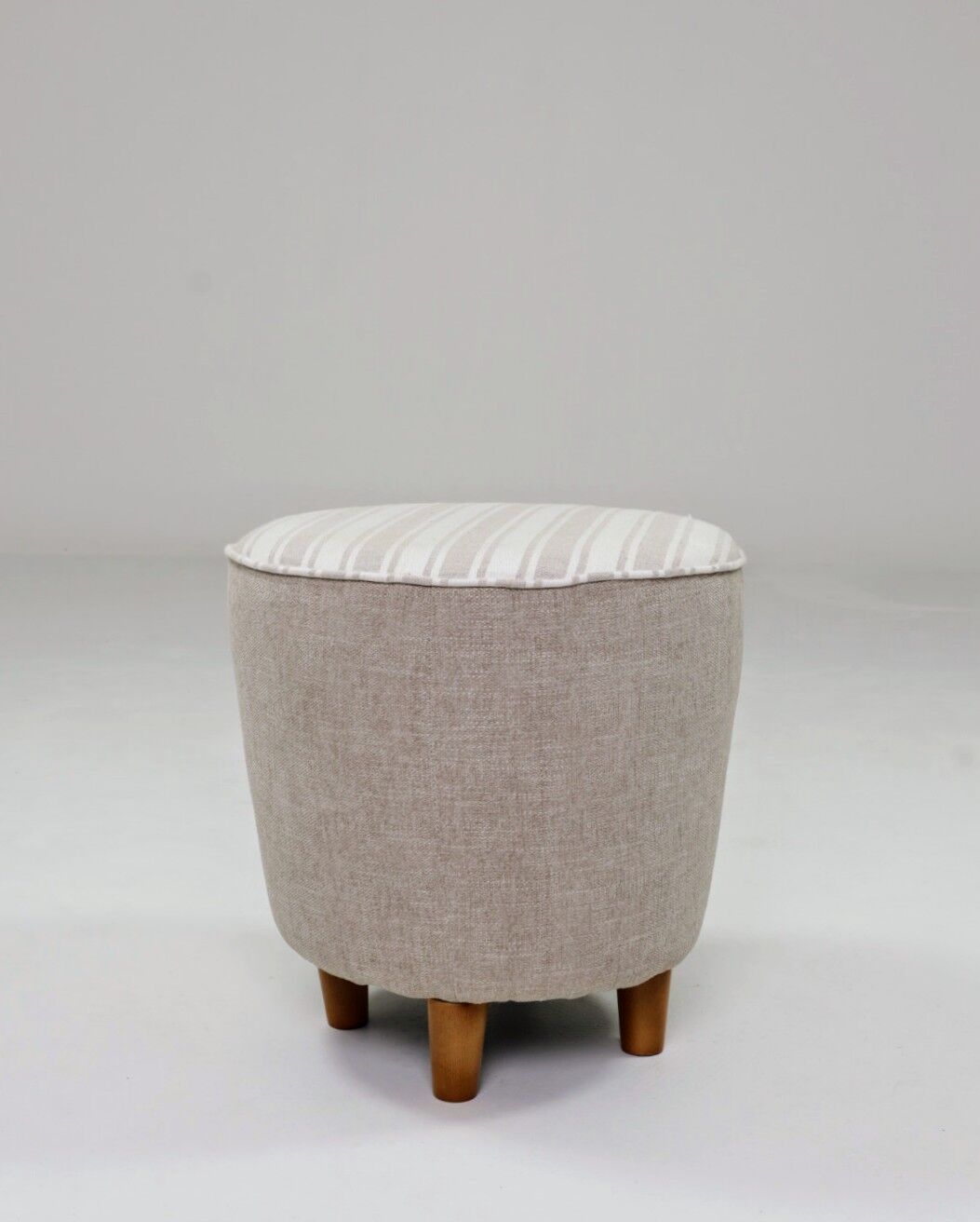 Vintage linen striped beige and white fabric pouf stool set of 2.