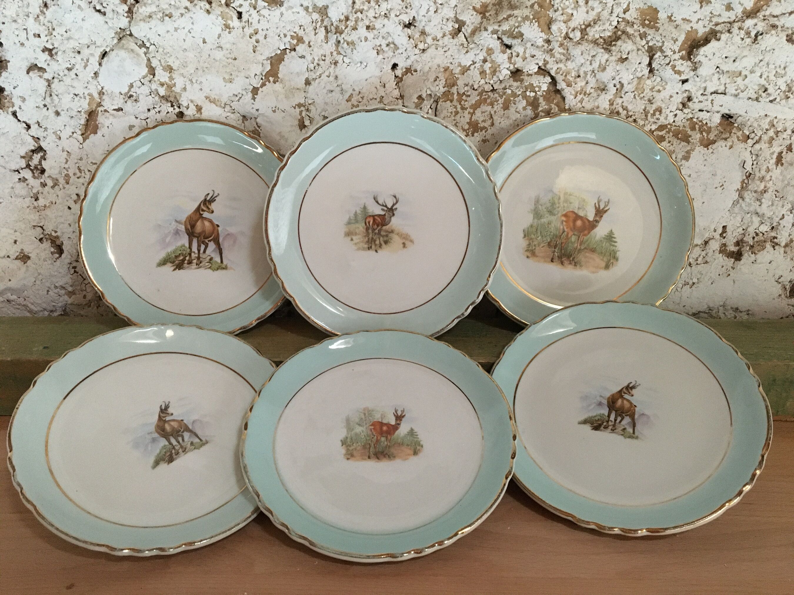 Set of 6 Dessert Plates Stamped "Orchies Moulin des Loup", Model St Hubert