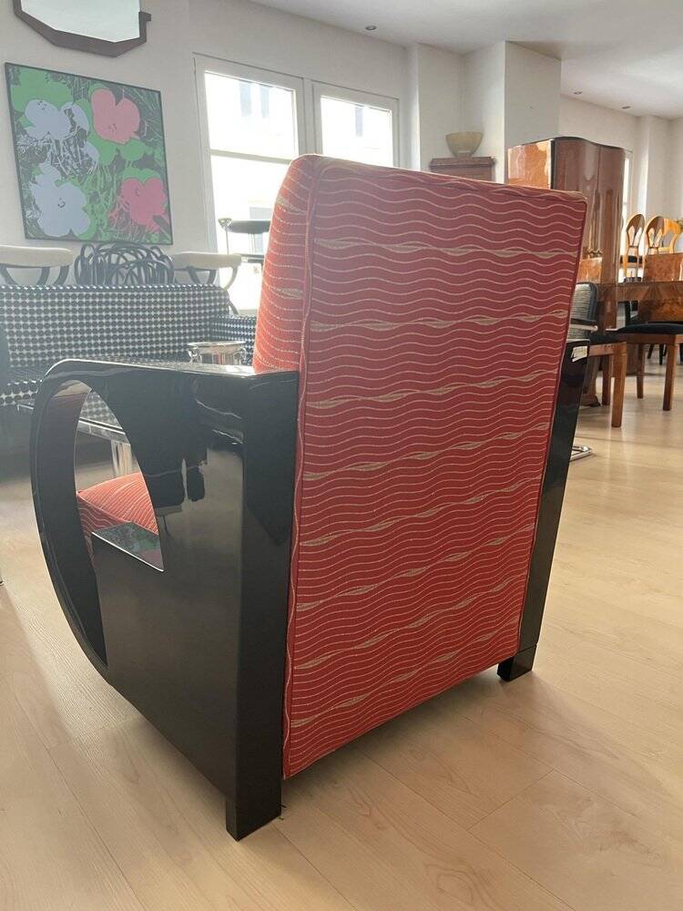 Art Deco Club Chair, Black Lacquer and Red Fabric, France circa 1930