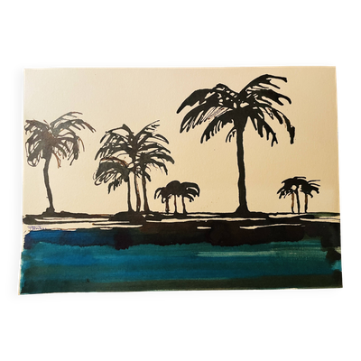 Tableau aquarelle bichrome signé « crépuscule sur le Nil »