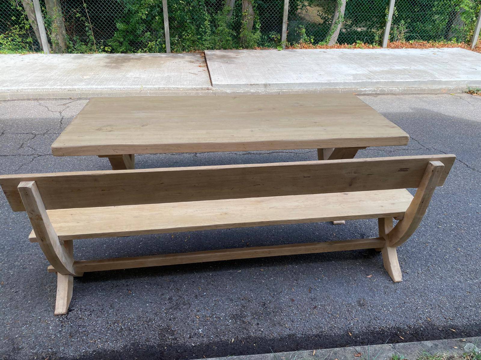 Monastery bench with a 220 cm backrest, renovated in raw solid oak with X legs.